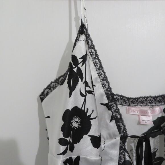 Victoria's Secret Womens Sz M Black White Floral Front Tie Vintage Satin Slip - Picture 5 of 6